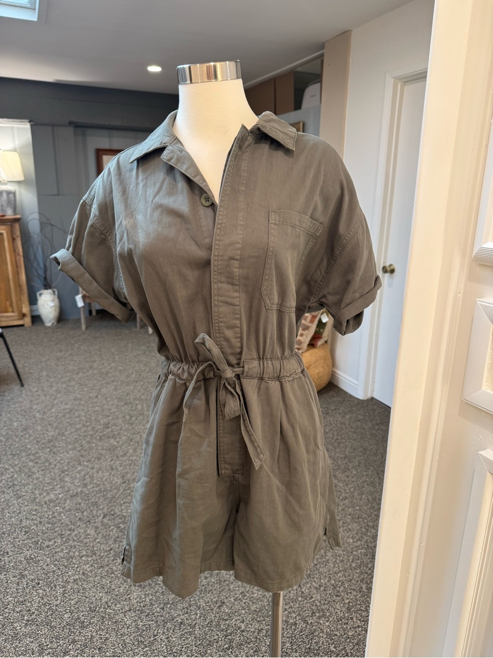 Unpublished Utility Short Sleeve Romper in Olive Green